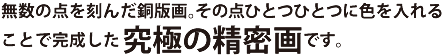 無数の点を刻んだ銅版画。その点ひとつひとつに色を入れることで完成した究極の精密画です。